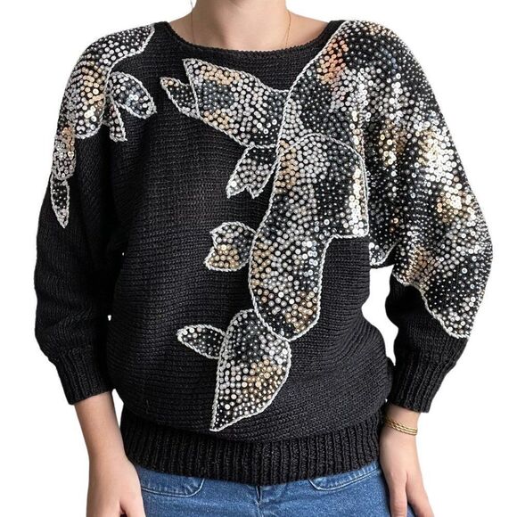 Vintage 80s Womens Black Metallic Sequen Hand Knit Retro Disco Sweater Sz M - Picture 7 of 10